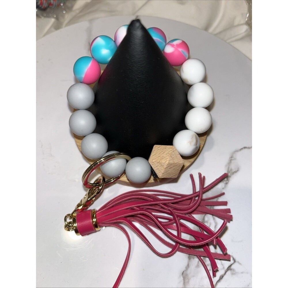 Silicone Beaded Wristlet Keychain Bracelet Tassel Key Ring Holder